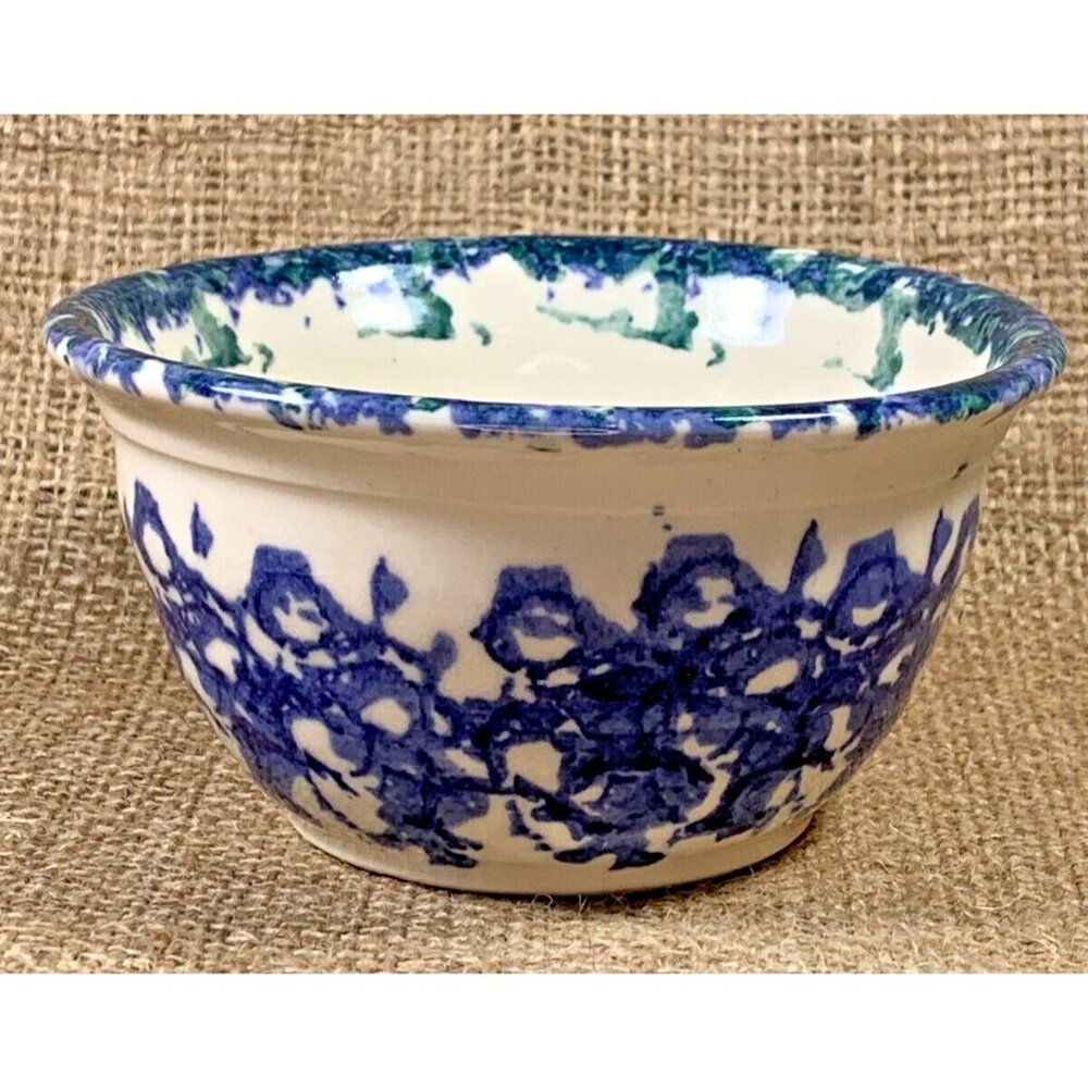 Small Pottery Serving Bowl Blue Sponge Painted Flower Hyacinth or Lupin 4" dia